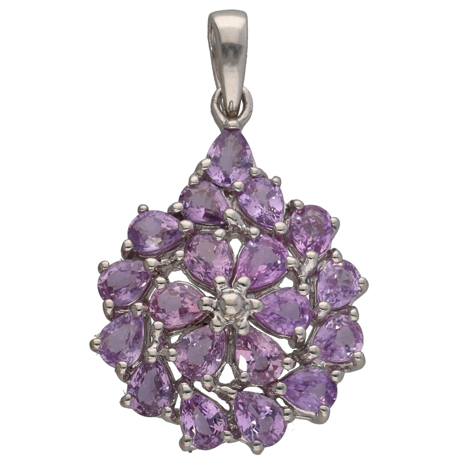 Lavender sapphire oval cluster pendant in 9ct white gold, hanging bail top