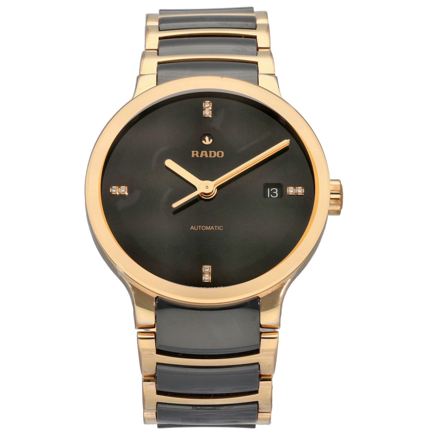 Rado Centrix 763.0036.3 ceramic wristwatch with gold-tone case and bracelet, black dial, gold hands