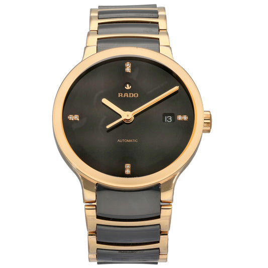 Rado Centrix 763.0036.3 ceramic wristwatch with gold-tone case and bracelet, black dial, gold hands