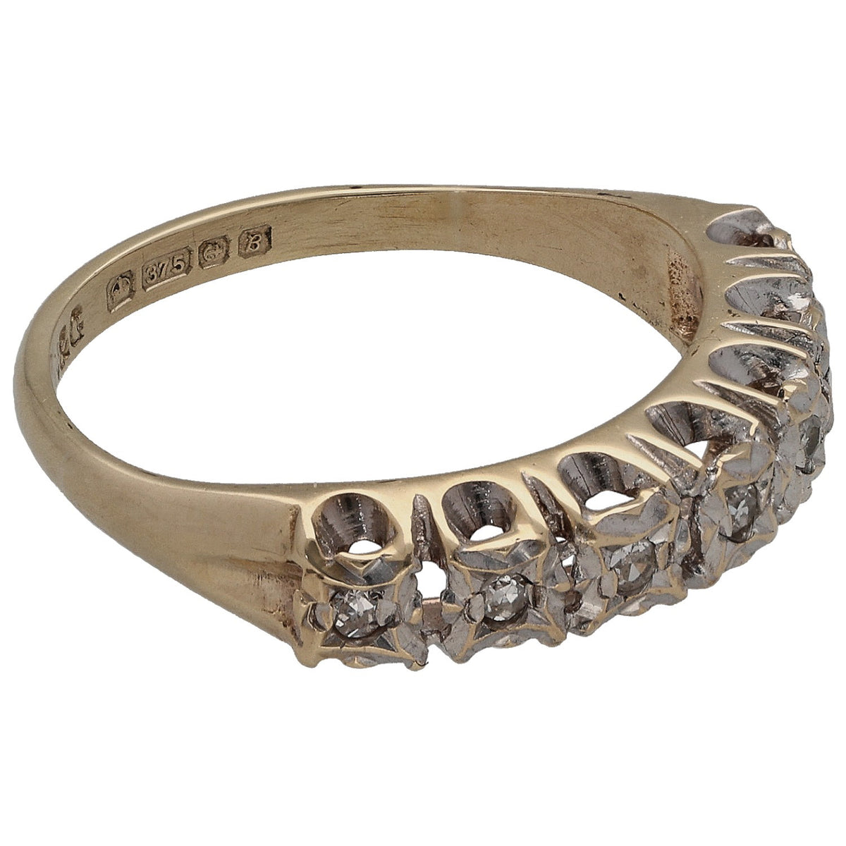 9ct gold half eternity ring with bezel-set round diamonds; size L, hallmark visible