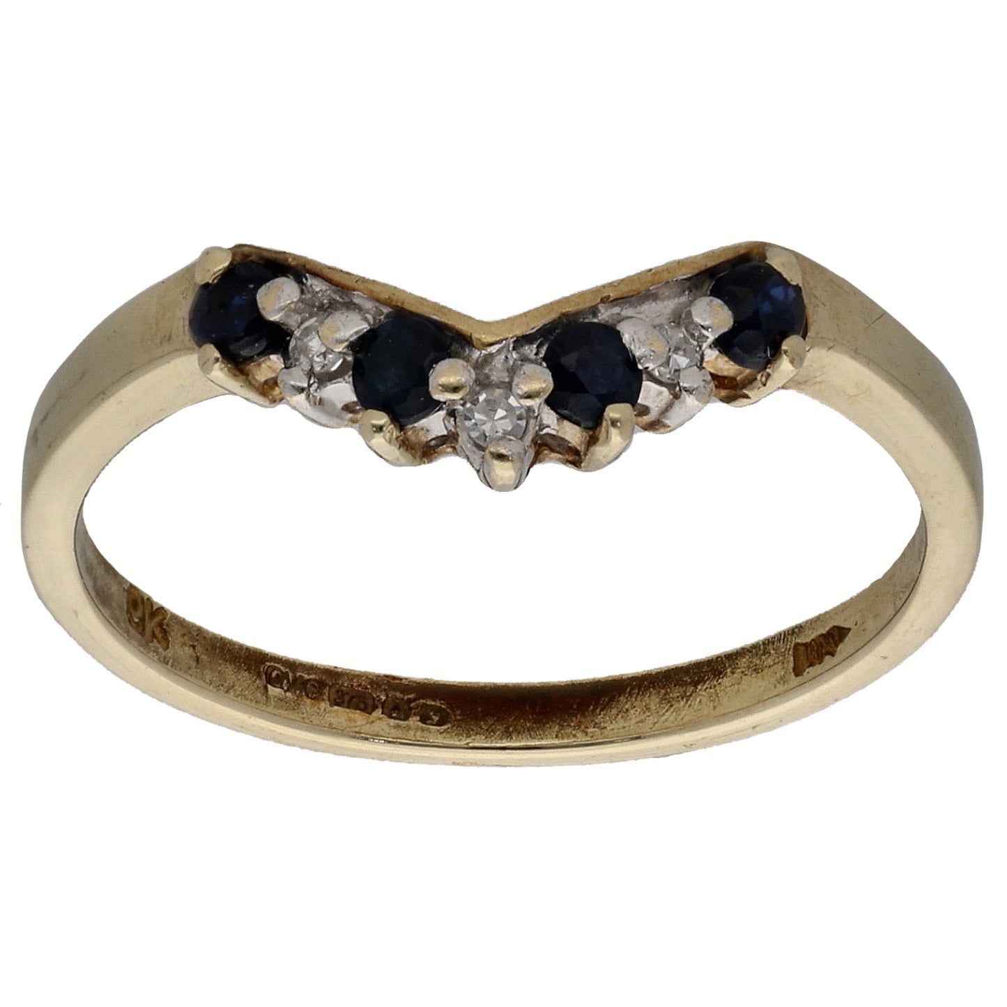 9ct Gold Sapphire & 0.015ct Diamond Wishbone Ring Size K