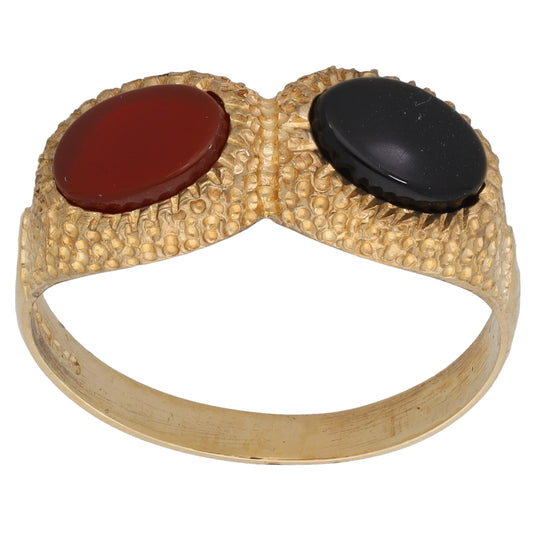 9ct Gold Onyx & Carnelian Two Stone Ring Size S