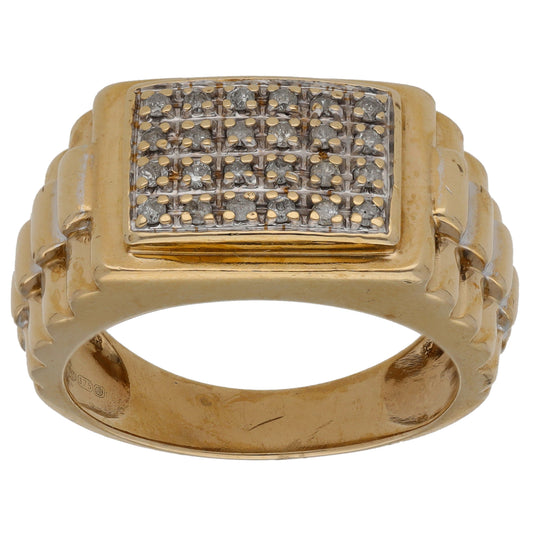 9ct Gold 0.25ct Diamond Patterned Signet Ring Size Q