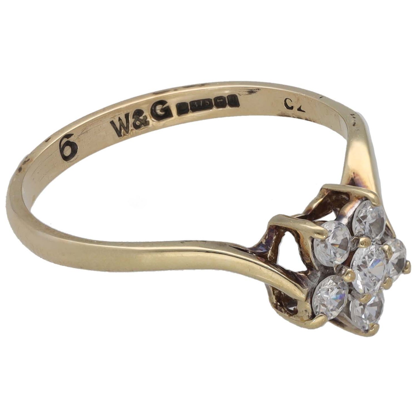 Gold CZ cocktail ring band with engraved markings and side view of stone cluster