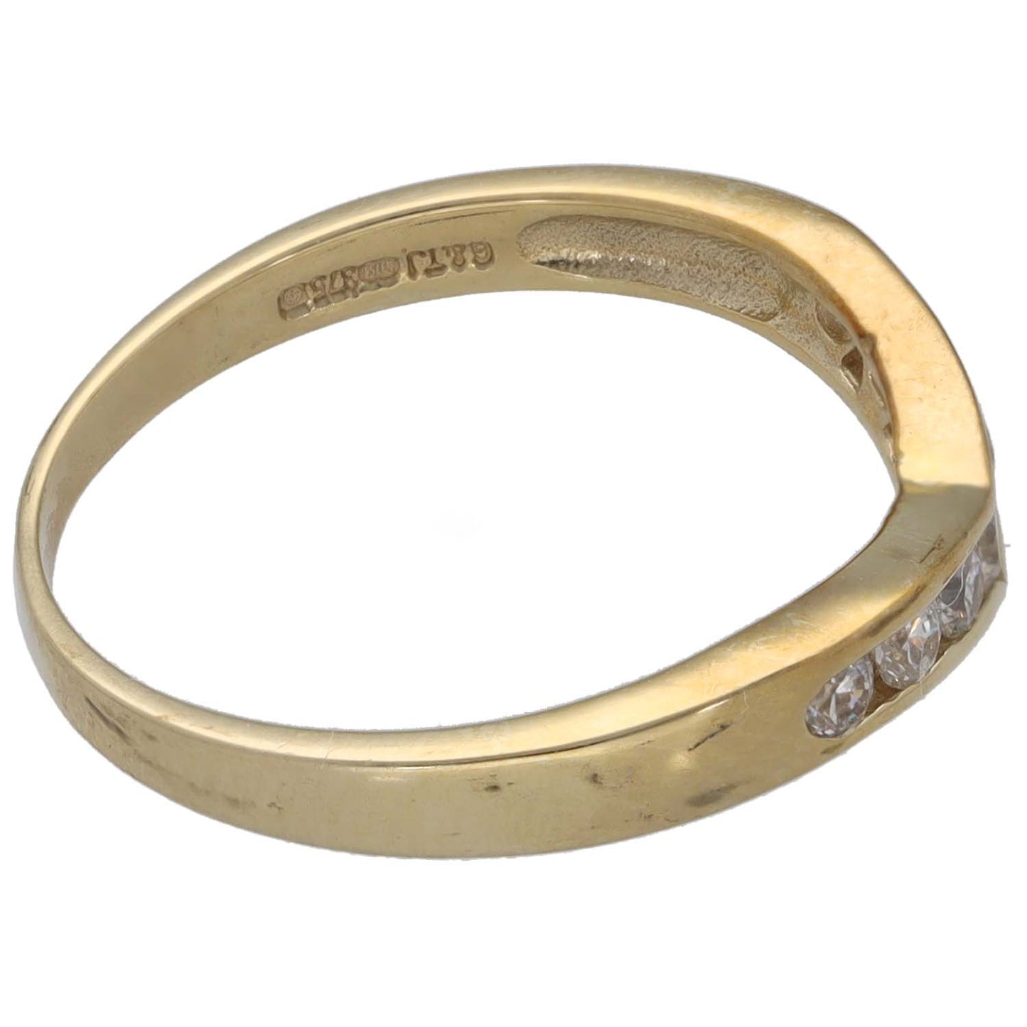9ct gold wishbone ring band with hallmark detail and small CZ stones
