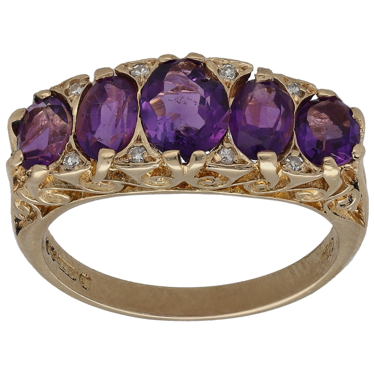 9ct yellow gold amethyst and diamond cocktail ring with five purple oval stones