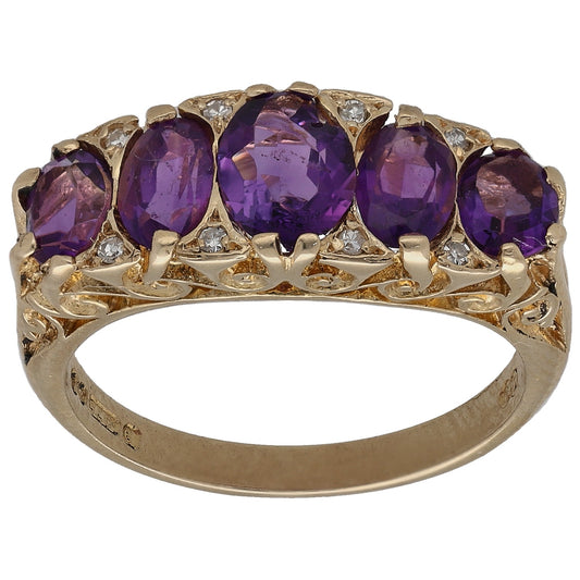 9ct yellow gold amethyst and diamond cocktail ring with five purple oval stones