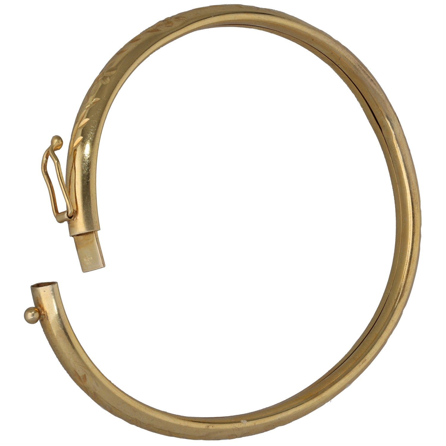 Oval gold hinged clasp bangle with hook closure and hinge details on side