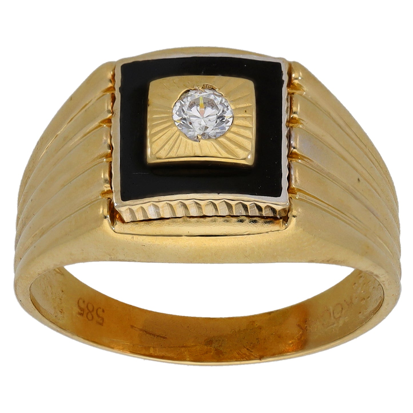 14ct Gold Cubic Zirconia Patterned Single Stone Signet Ring Size S