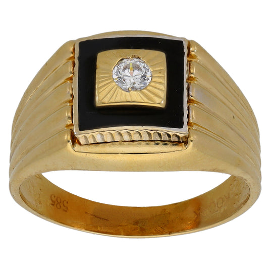 14ct Gold Cubic Zirconia Patterned Single Stone Signet Ring Size S