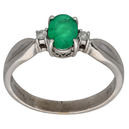 9ct White Gold Emerald & 0.06ct Diamond Dress/Cocktail Ring Size P