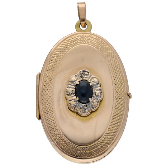 9ct Gold Sapphire & 0.01ct Diamond Patterned Locket Pendant