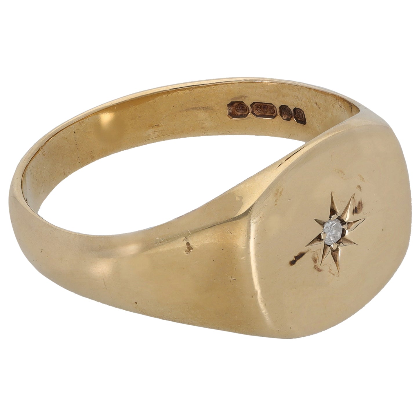 9ct Gold 0.03ct Diamond Patterned Signet Ring Size W
