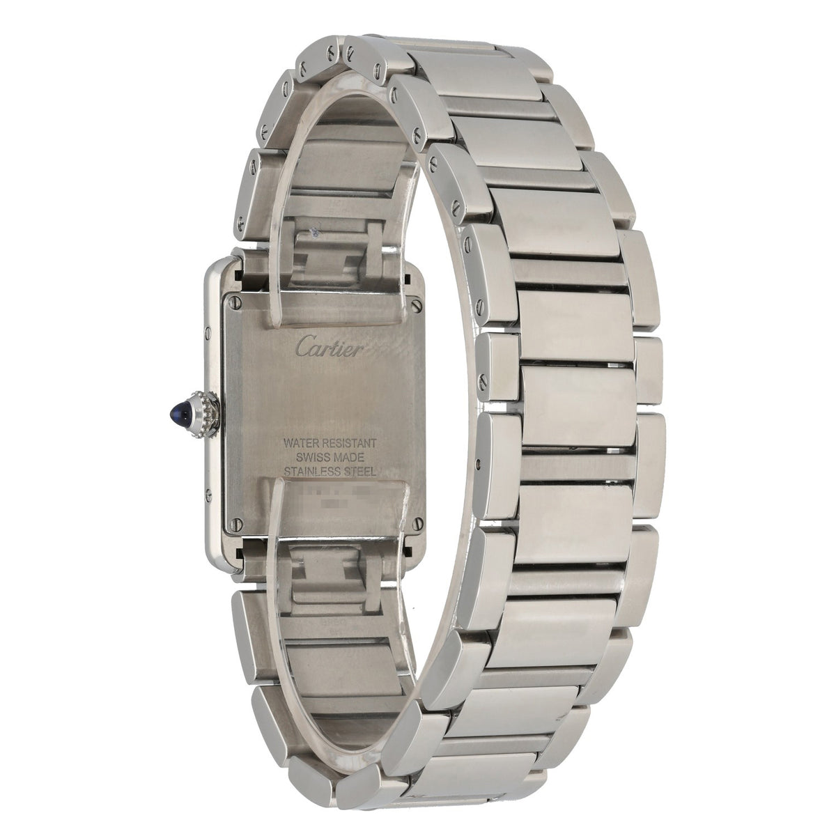Cartier Tank Must WSTA0052, stainless steel case and bracelet with sapphire crown, rear angle
