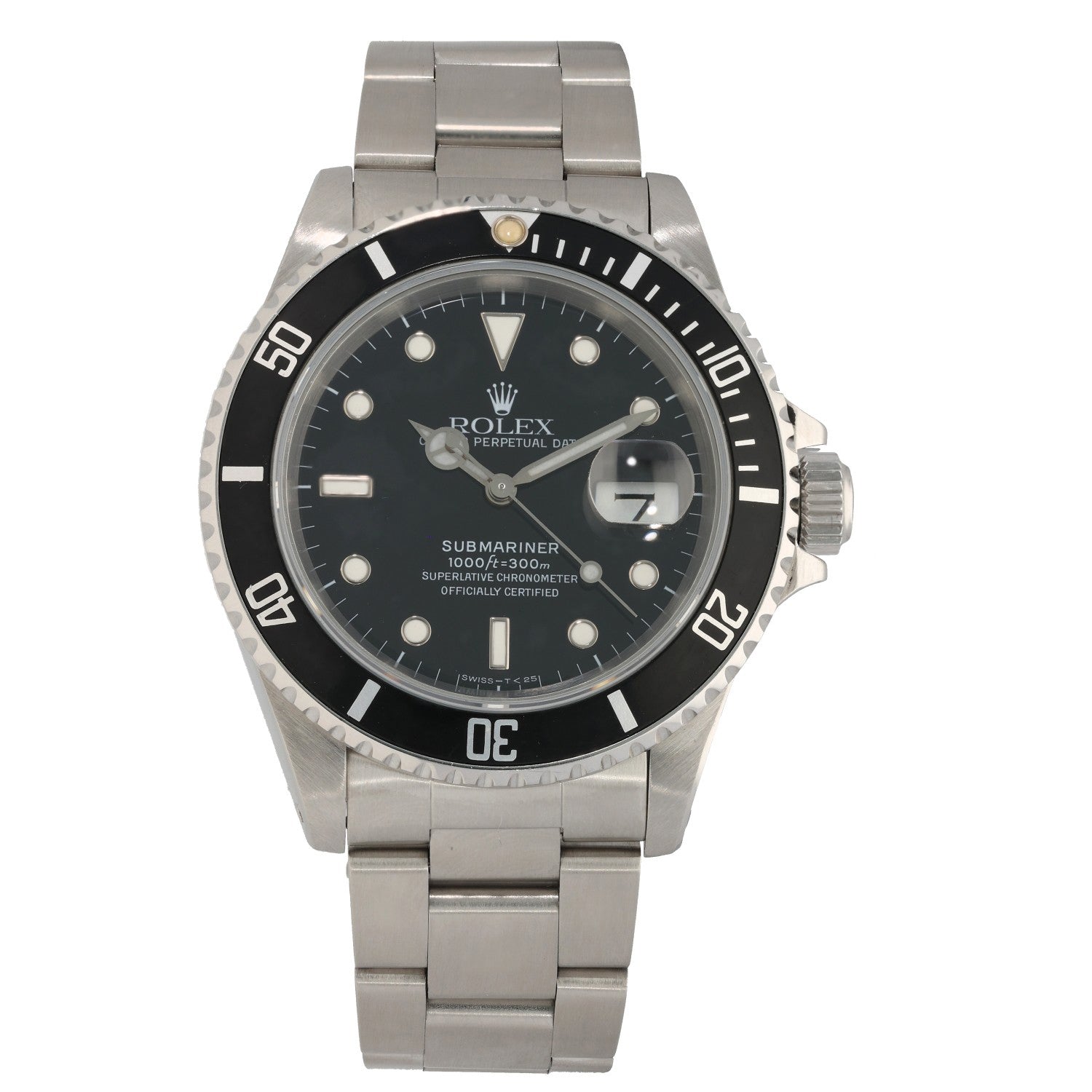 Rolex Submariner 16610, black dial and black bezel, with stainless steel case, crown and bracelet, front image