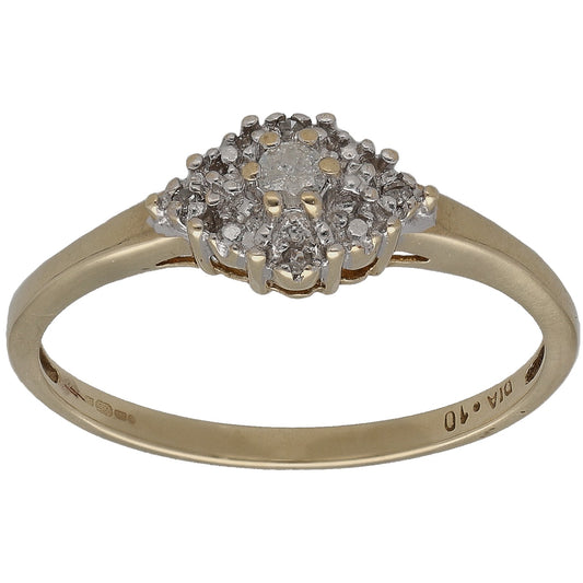 9ct gold round diamond cluster ring with raised bezel setting and slim shank