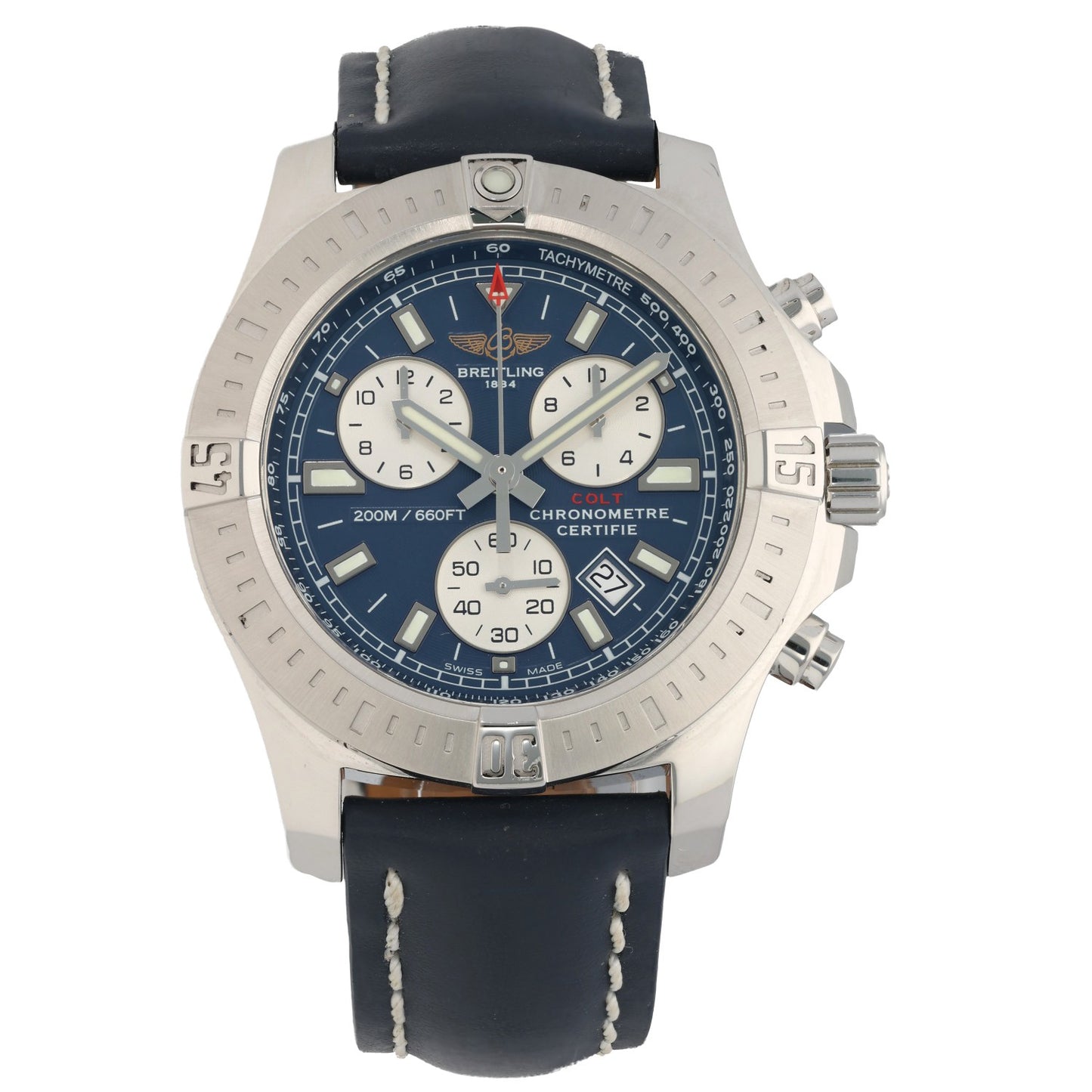 Breitling Colt Chronograph A73388, blue leather bracelet, blue dial with sub dials