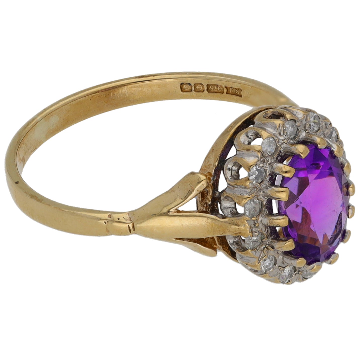 9ct Gold Amethyst & 0.14ct Diamond Dress/Cocktail Ring Size O