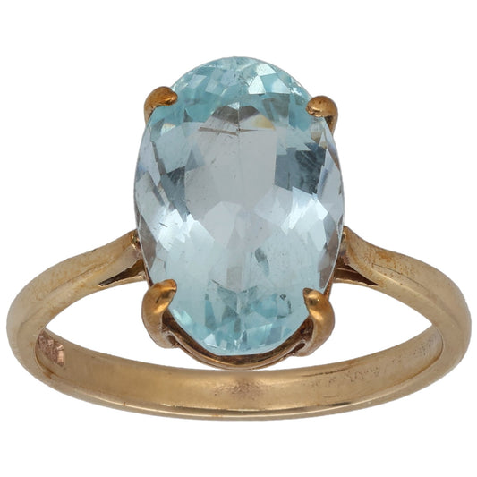 9ct gold oval aquamarine single-stone ring with four prongs