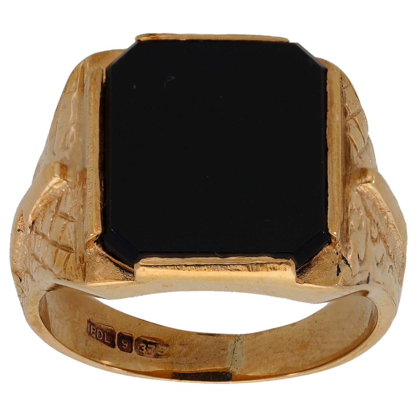 9ct Gold Onyx Single Stone Patterned Signet Ring Size P