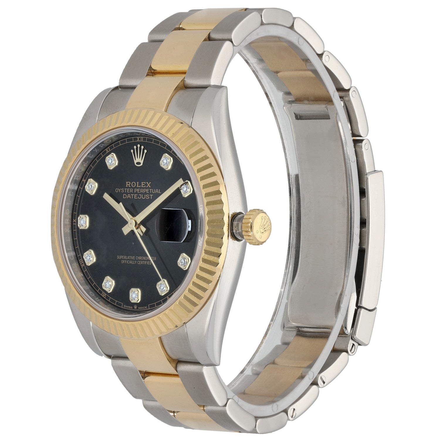 Bi-colour stainless steel Rolex Datejust watch, side view with gold bezel and bracelet links