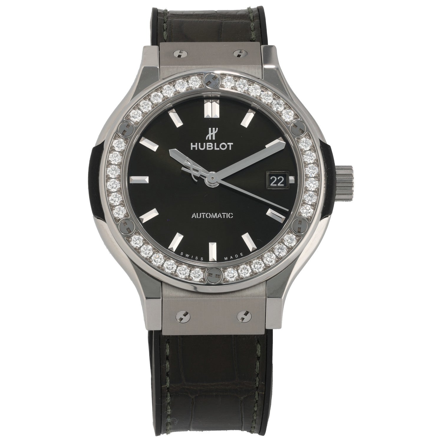 Hublot Classic Fusion 565.NX.8970.RX, green dial and leather bracelet, with round cut diamond bezel, face image