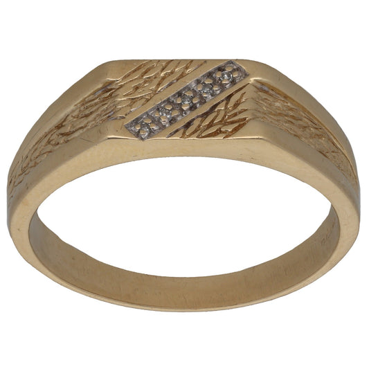 9ct Gold 0.05ct Diamond Patterned Signet Ring Size V