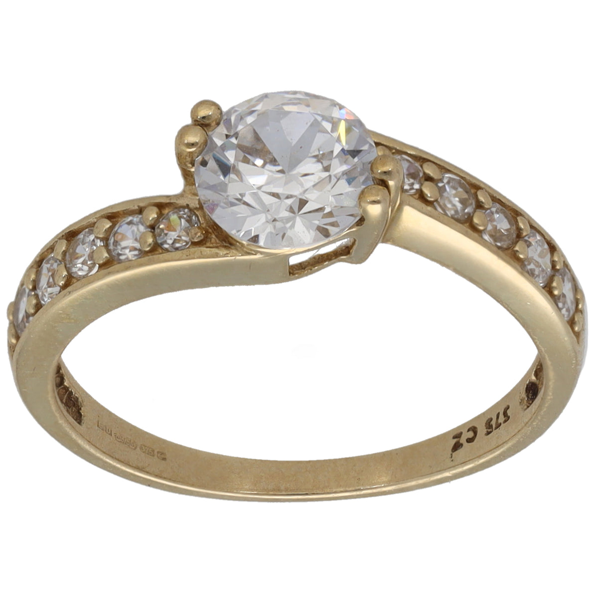 Gold-tone CZ single-stone ring with side accent stones and round center stone