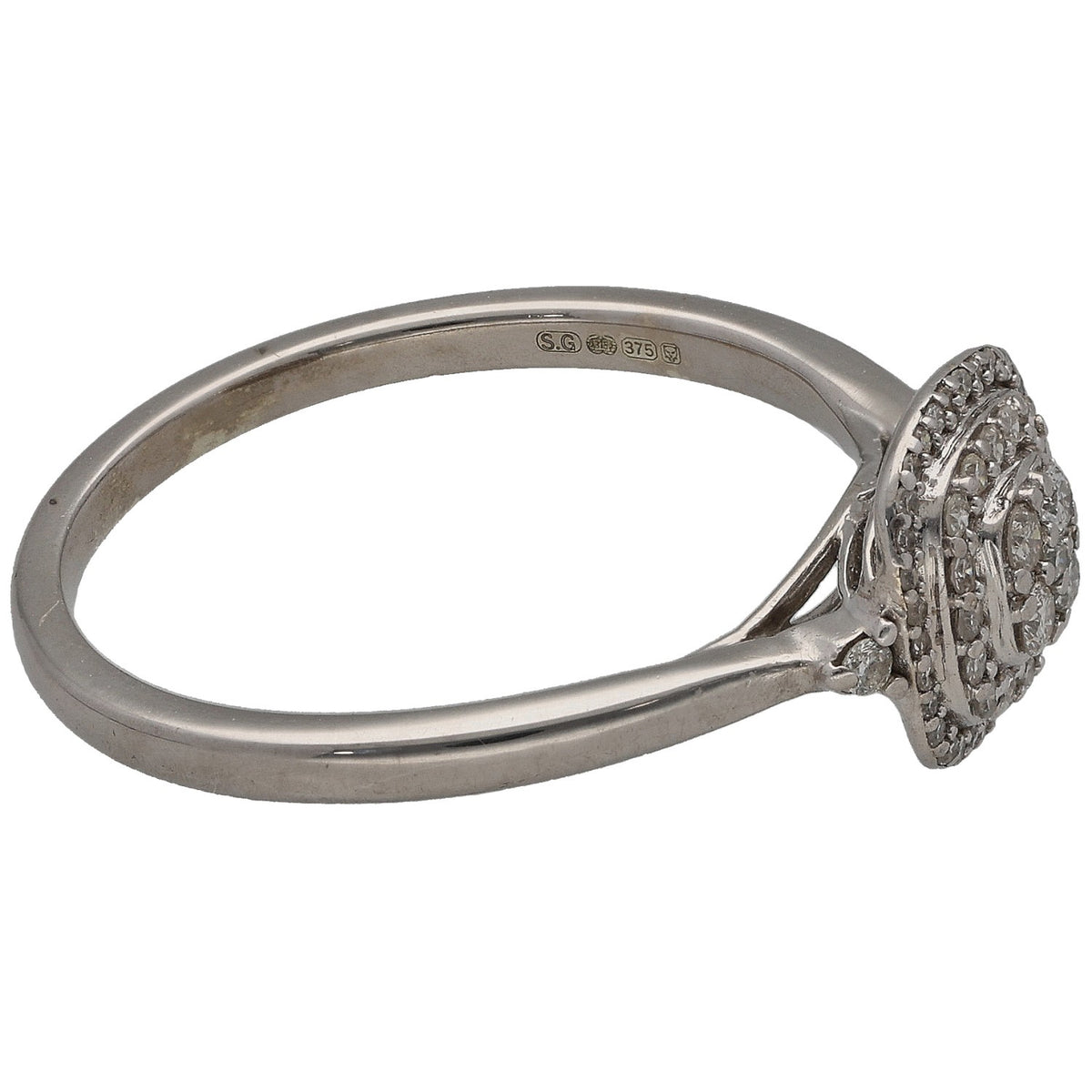 9ct white gold diamond cluster ring, round-stone side halo and band hallmark