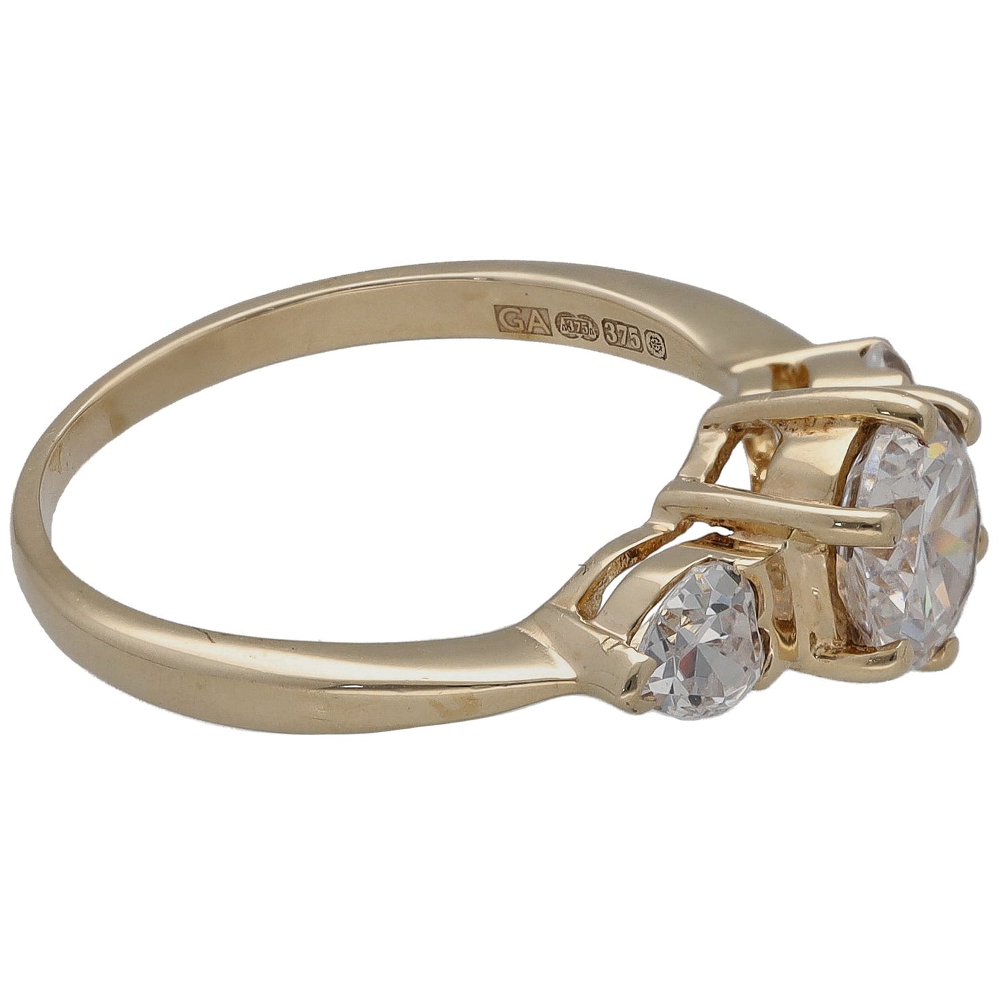 Gold CZ ring side view with central stone, small round accents, hallmark on inside