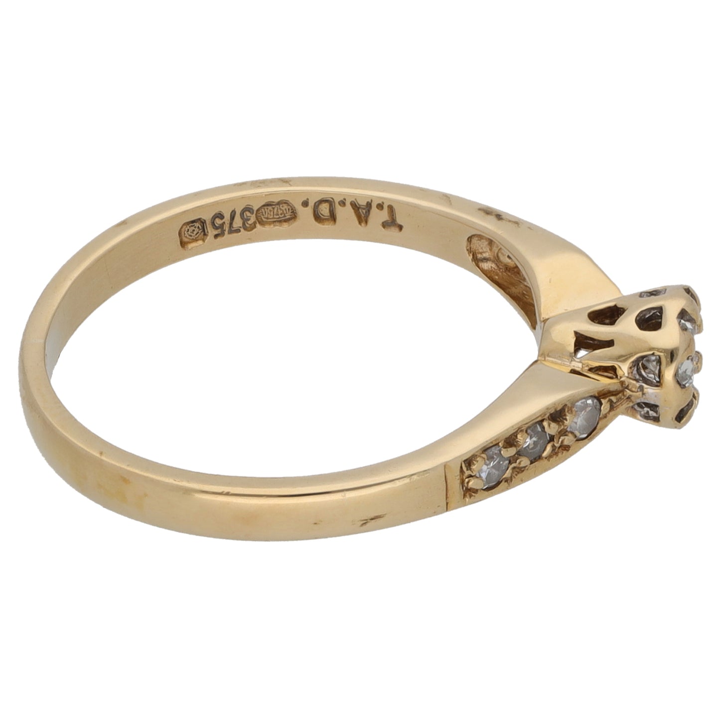 9ct Gold 0.20ct Diamond Solitaire Ring With Accent Stones Size L