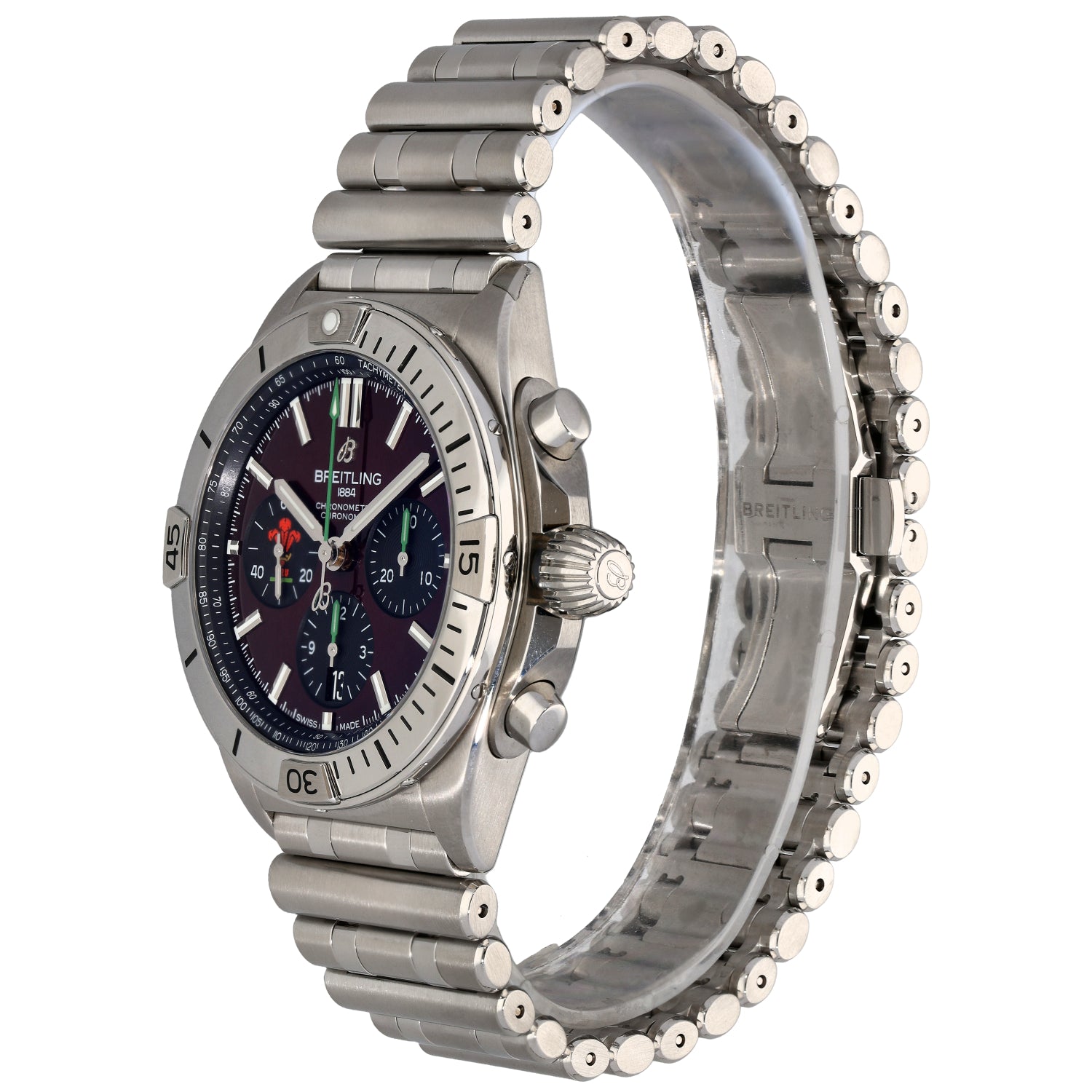 Breitling Chronomat Six Nations AB0134 stainless steel watch side view with blue subdials and crown guards