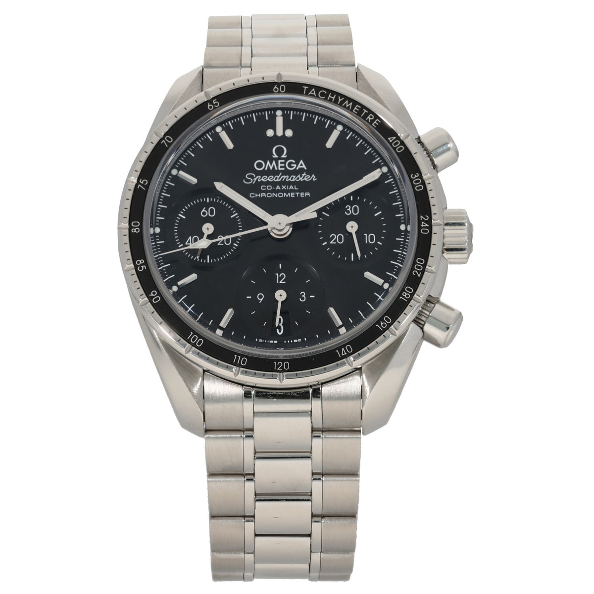 Omega Speedmaster 324.30.38.50.01.001,  black dial, with 38mm stainless steel case and link bracelet