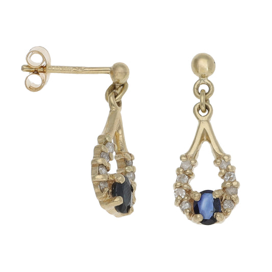 9ct Gold Sapphire & 0.16ct Diamond Drop Earrings
