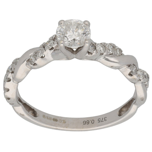 9ct White Gold 0.66ct Diamond Solitaire Ring With Accent Stones Size K