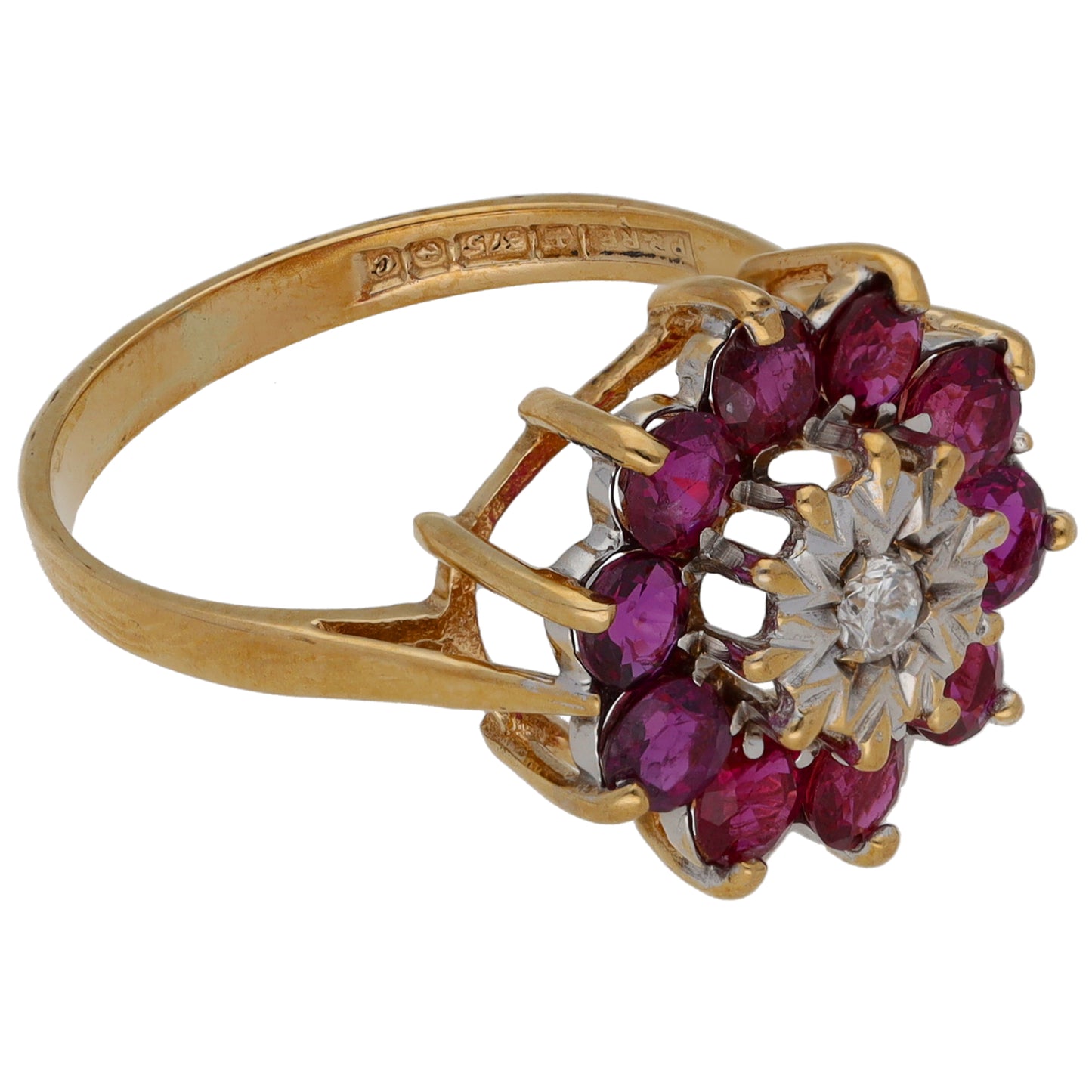 9ct Gold Ruby & 0.10ct Round Diamond Cluster Ring Size O