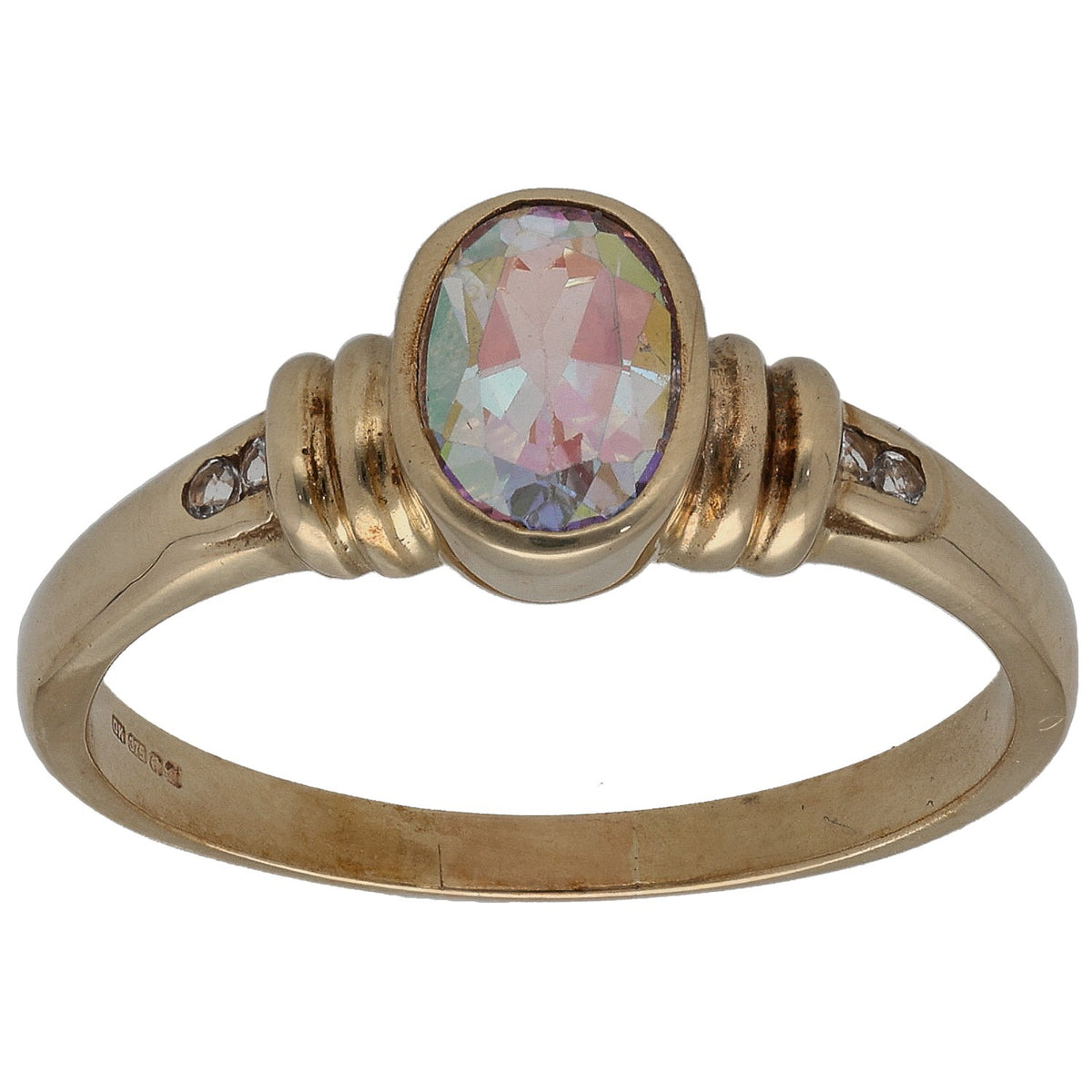 Gold-tone ring with oval iridescent center stone and two gold accent loops