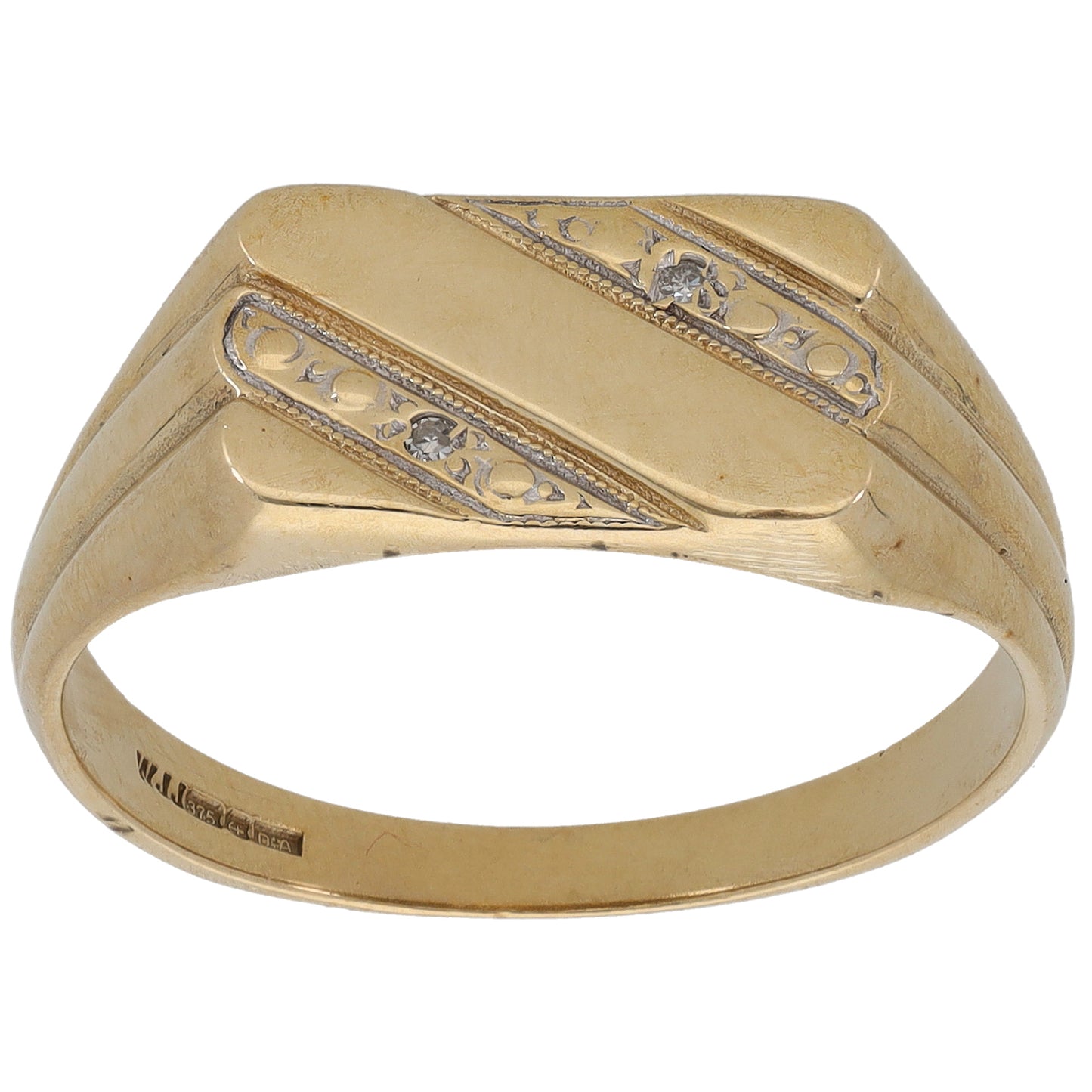 9ct Gold 0.02ct Diamond Patterned Signet Ring Size Y