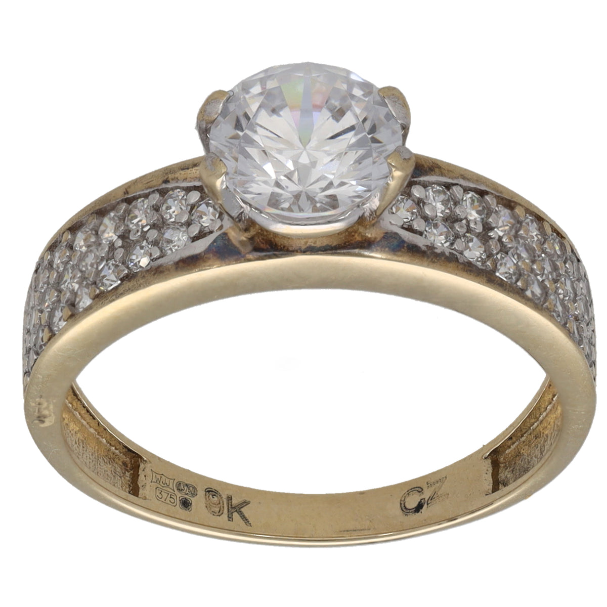 9ct gold CZ dress ring with large round center stone and pavé shoulders