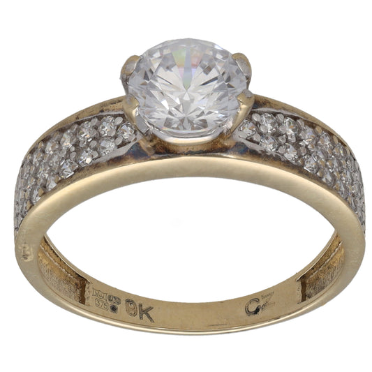 9ct gold CZ dress ring with large round center stone and pavé shoulders