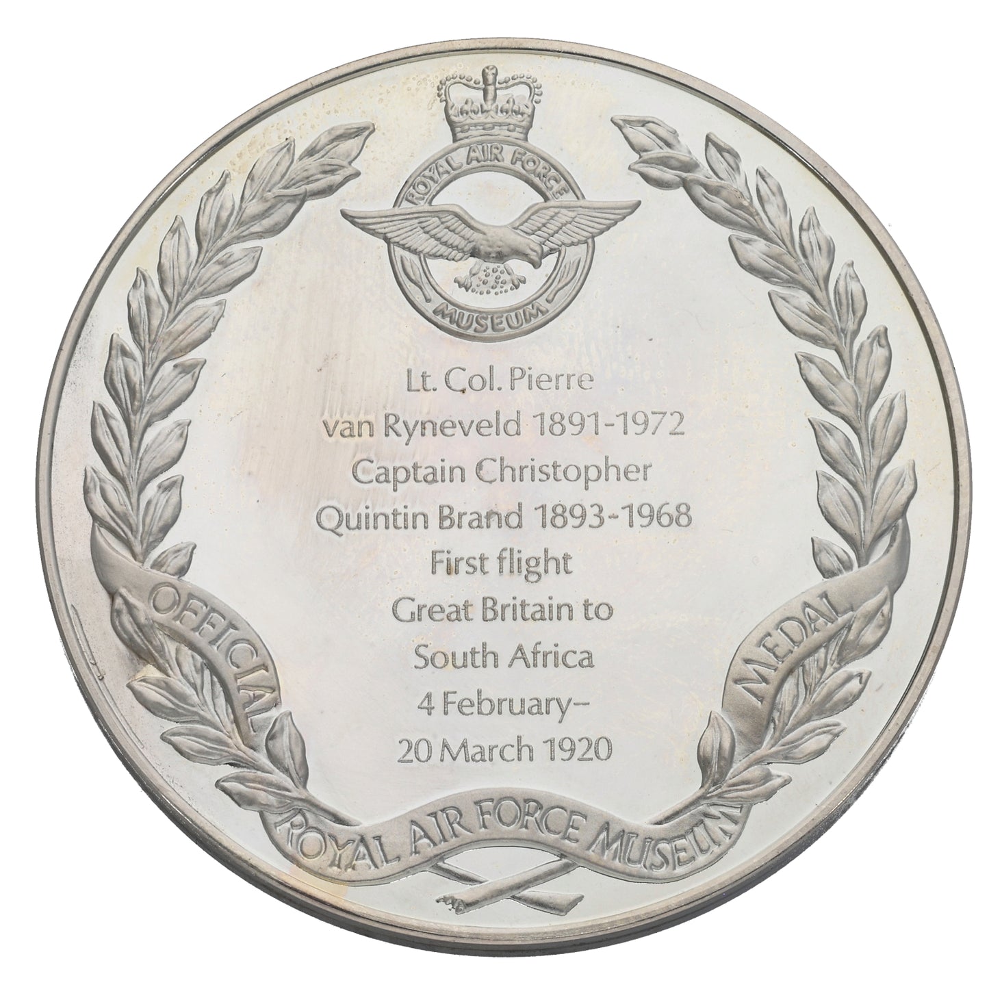 Silver Royal Airforce Museum First Flight Great Britain To South Africa Medal
