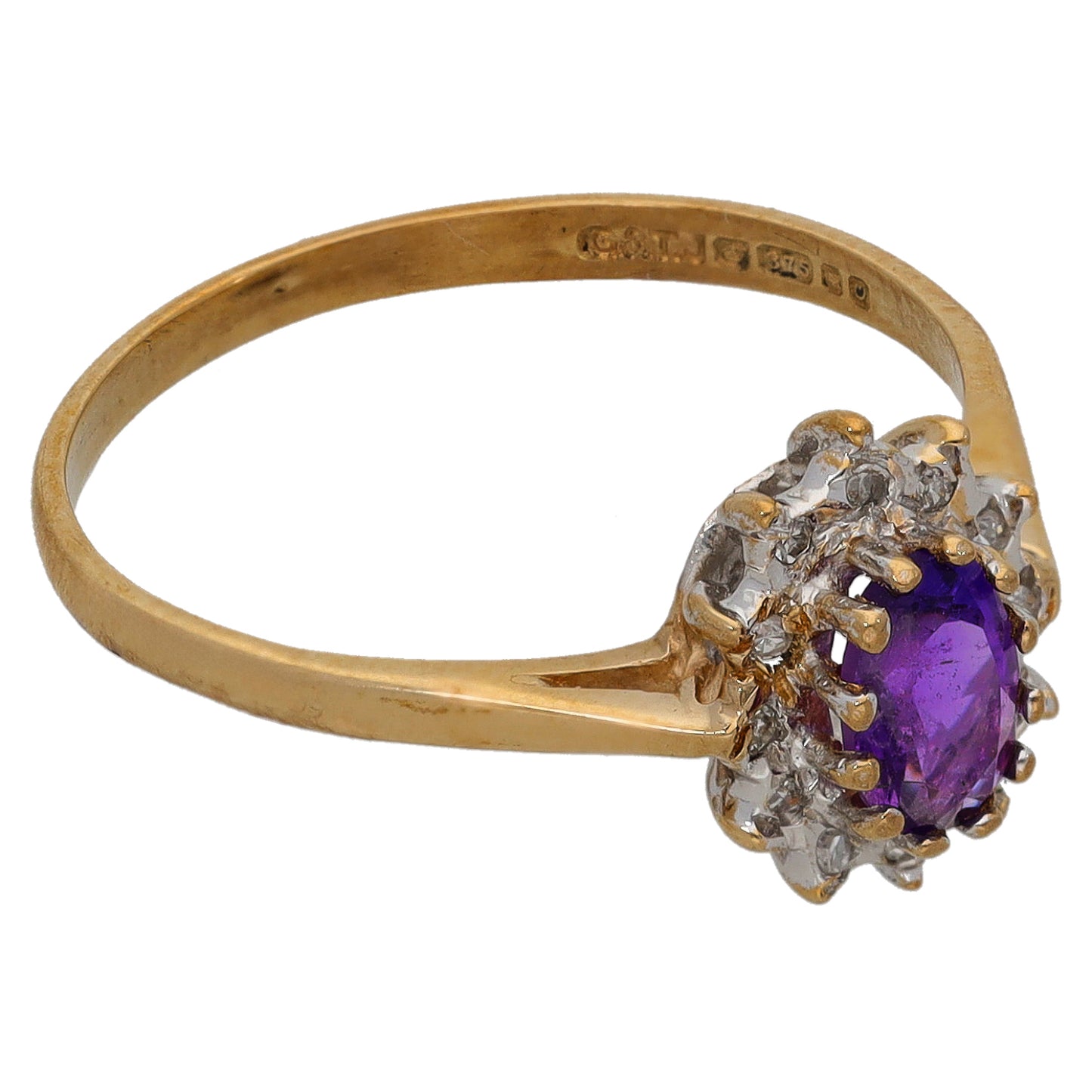 9ct Gold Amethyst & 0.06ct Diamond Cluster Ring Size O