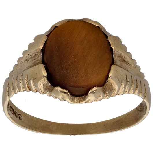 9ct Gold Tiger's Eye Patterned Single Stone Signet Ring Size V