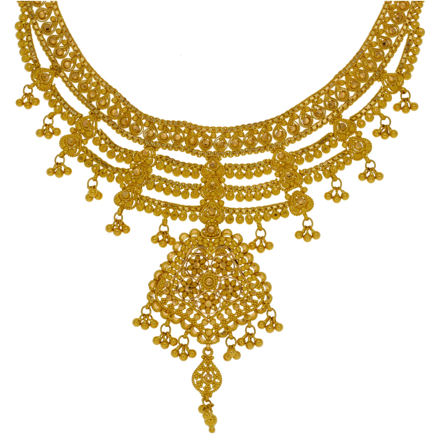 22ct Gold fancy necklace with layered filigree chains and round dangling pendant
