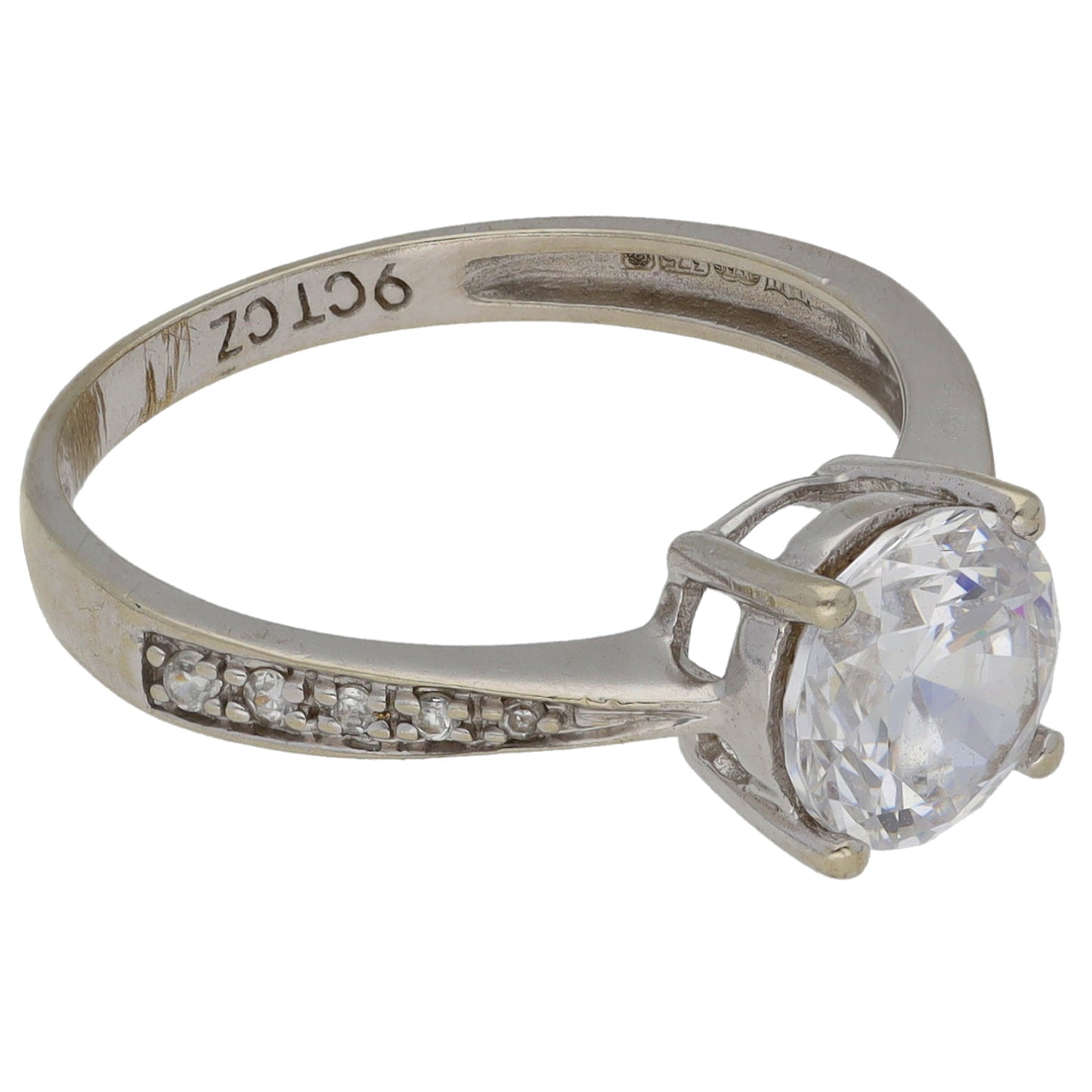 9ct White Gold Cubic Zirconia Single Stone Ring with Accent Stones Size M