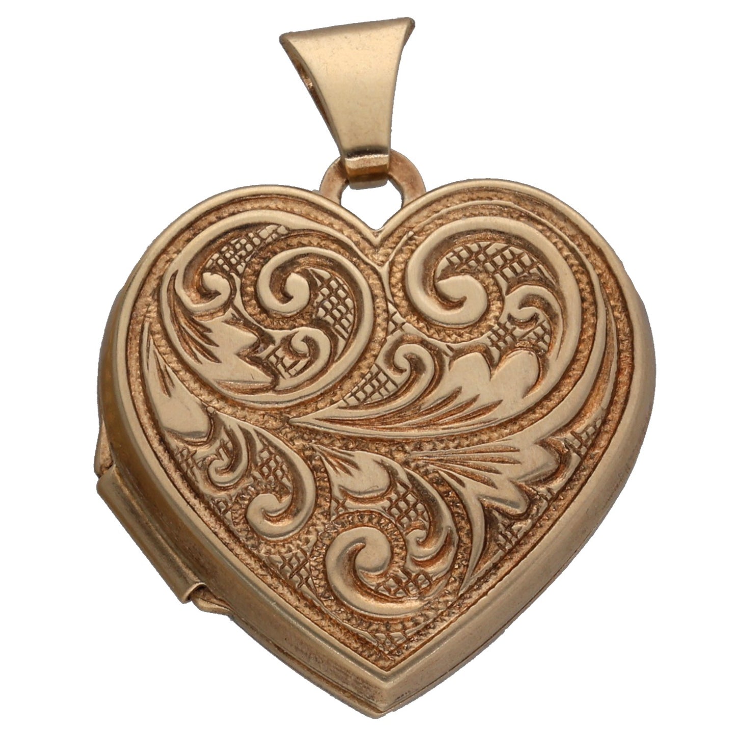9ct gold heart locket pendant with ornate engraved swirl detailing