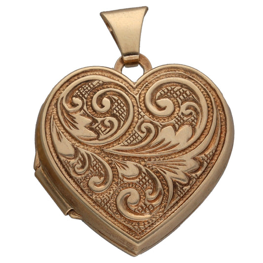 9ct gold heart locket pendant with ornate engraved swirl detailing