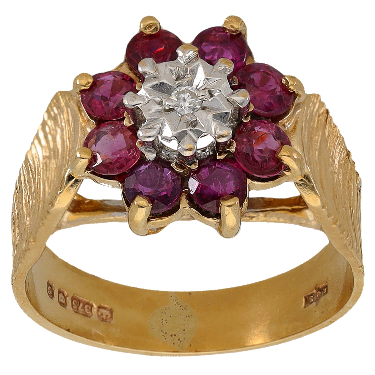 9ct Gold Ruby & 0.01ct Diamond Cluster Ring Size K