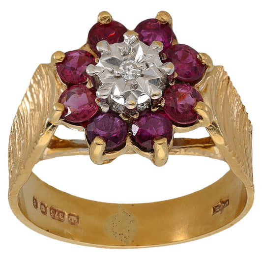 9ct Gold Ruby & 0.01ct Diamond Cluster Ring Size K