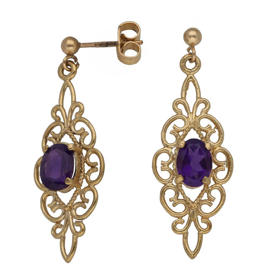 Gold amethyst drop earrings with ornate filigree and oval purple gemstone